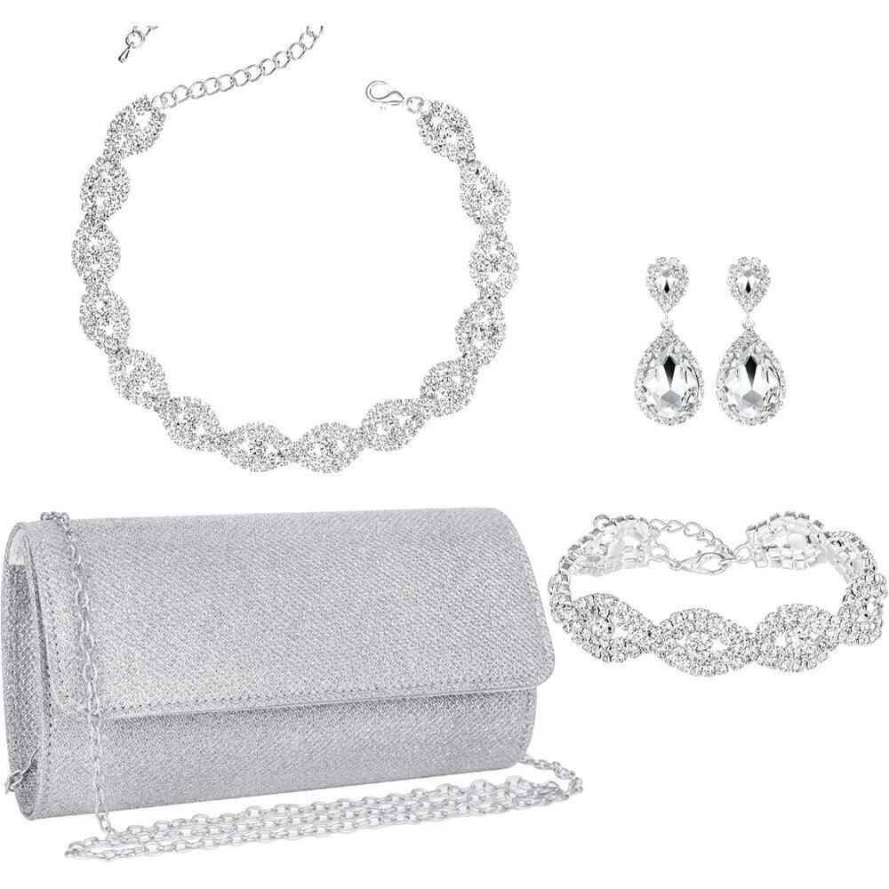 Silver Plated Jewelry Set Earrings Necklace Bracelet Clutch for Women